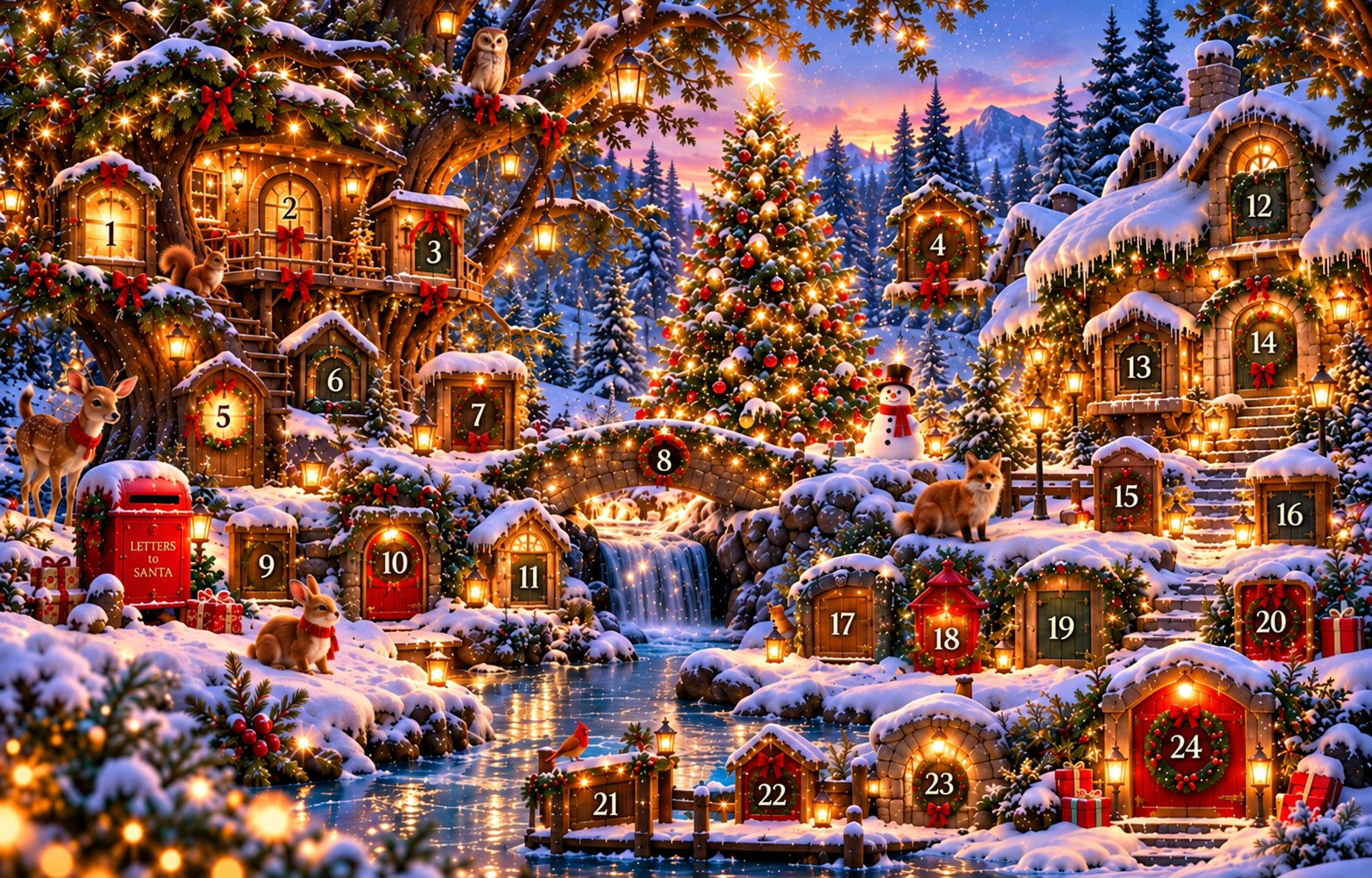 Cinematic Christmas woodland with glowing cottages, snow-covered trees, deer, foxes, rabbits, a river, and festive woodland details